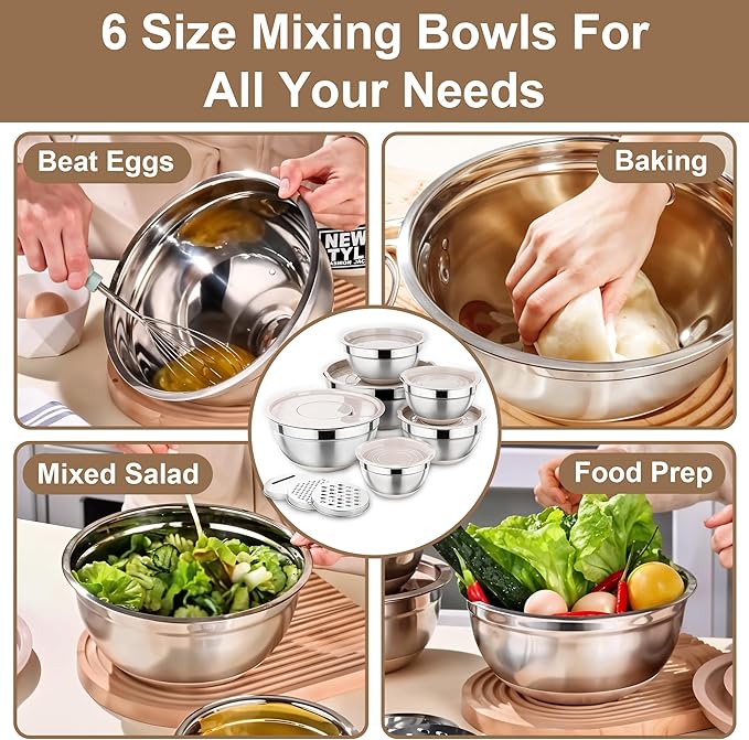 Mixing Bowls with Lids Set, 6PCS Stainless Steel Metal Bowls with 3 Grater Attachments, Measurement Marks & Colorful Non-Slip Bottoms, Size 7, 4, 3, 2, 1.5, 1QT, Great for Mixing & Serving (Khaki)