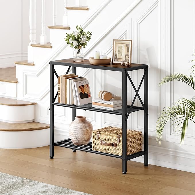 Hoctieon Industrial Console Table, 3-Tier Entryway Tables, Metal Frame, Sofa Table with Shelf, Hallway Tables, Entrance Desk for Entryway, Living Room, Foyer, Hallway, Rustic Brown&Black