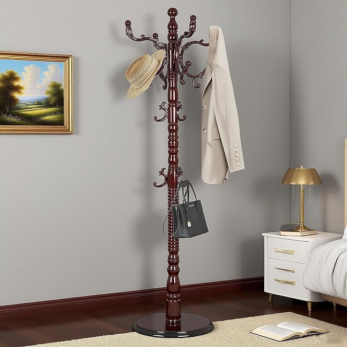 73”Vintage Wooden Coat Rack，With 14 Hooks and Sturdy Round Base.Sturdy and Durable Standing Coat Racks，Adjustable Wooden Freestanding Coat Rack for Corridors, Offices, Porch，Bedrooms (Mahogany)