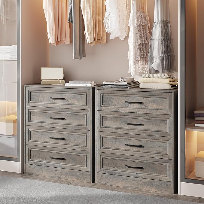 Fameill Dresser for Bedroom, 4 Drawer Small Dresser Organizer with Charging Station for Livingroom, Chest of Drawers with Metal Handles, Ash Grey