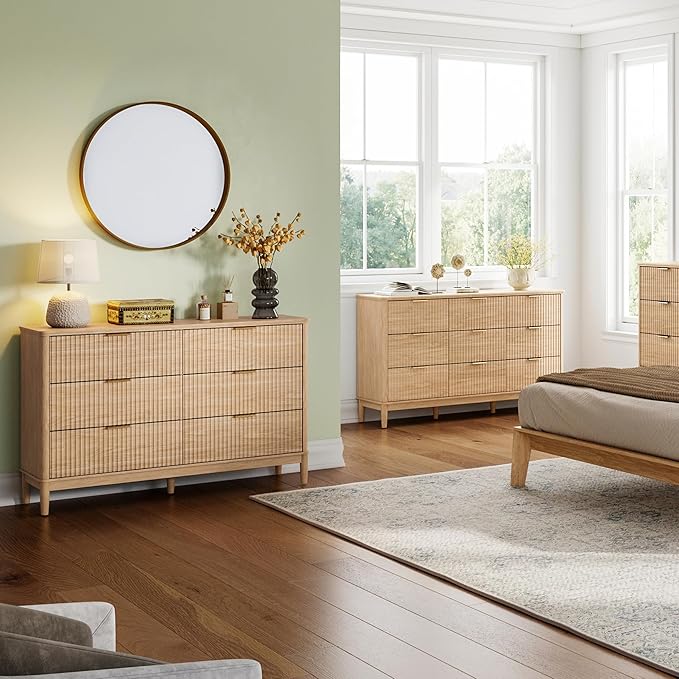 LINSY 6 Drawer Double Dresser for Bedroom, Modern Fluted Wood Chest of Drawers with Gold Metal Handles, Wide Storage Dresser TV Stand for Bedroom, Living Room, Entryway, Oak