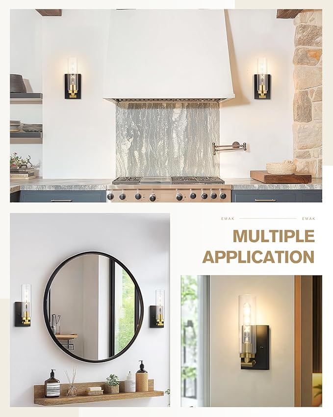 Emak Black and Gold Wall Sconces Set of Two, Modern Wall Sconce with Clear Glass Shade, Farmhouse 2 Light Bathroom Vanity Light for Living Room, Bedroom, Gallery, WS086-BKBGD-CG-2PK