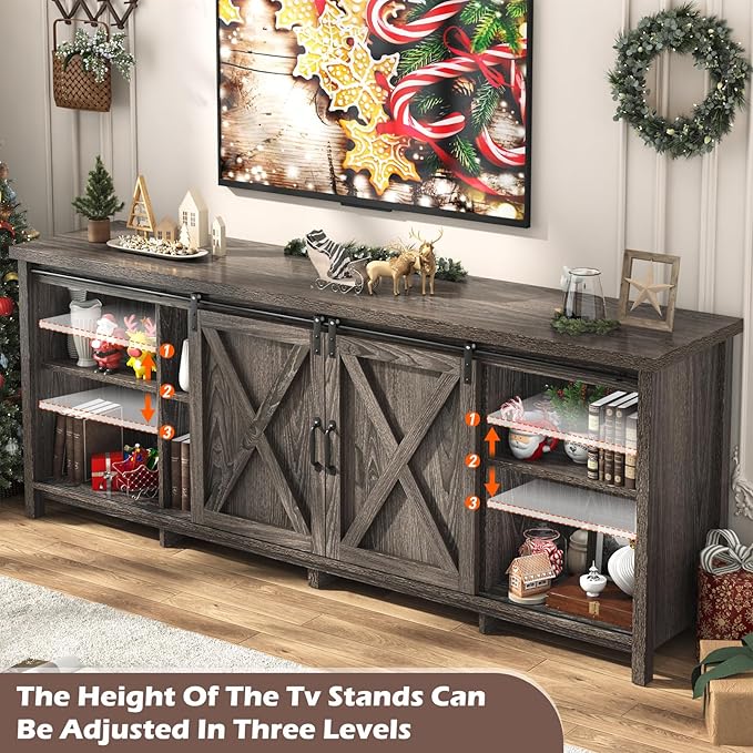 Farmhouse TV Stand for 80 Inch TV with Sliding Barn Door, Rustic Wood Entertainment Center Large Media Console Cabinet Long Television Stands,Console Table and Media Furniture for Living Room(Grey)