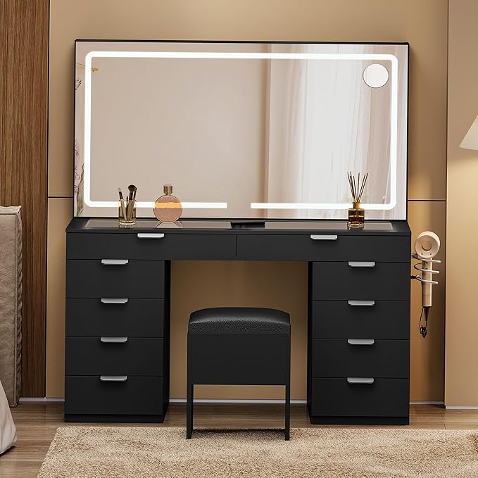 DWVO Vanity Desk with Large Mirror, 10-Drawer Glass Top Makeup Vanity, 3-Mode LED Lighting, Charging Ports and Stool