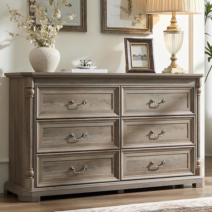 Yechen 6 Drawer Solid Wood Dresser for Bedroom,Storage Dressers Organizer, Vintage Farmhouse 6 Drawer Dresser for Bedroom,Heavy Duty Rustic Chest of Drawers for Living Room(Light Rustic Oak)