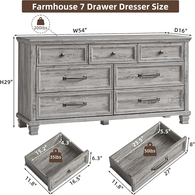 Farmhouse 7 Drawer Dresser for Bedroom, 54” Wide Dresser for Closet, Large Rustic Wooden Dressers, Chest of Drawers for Bedroom, Living Room, Entryway, Grey