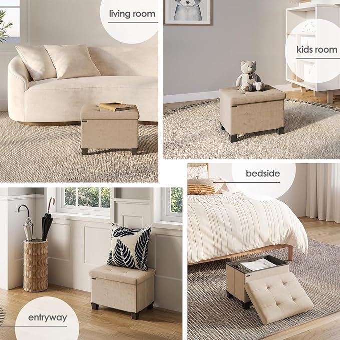 STORAGEBUD Storage Ottoman Cube with Small Bin, 16-in Square Ottoman with Storage for Living Room and Bedroom, Small Ottomans Foot Rest, Velvet Foot Stools Ottomans Max 330lbs, Taupe