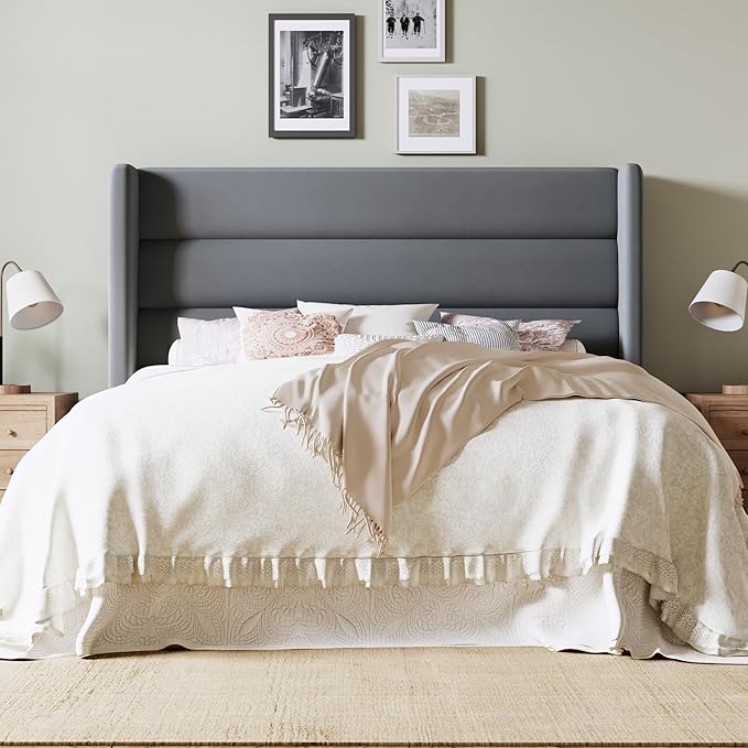 Allewie Queen Size Platform Bed Frame with Velvet Upholstered Wingback Headboard, No Box Spring Needed, Under Bed Storage Space, Strong Wooden Slats, Modern Mattress Foundation, Easy Assembly, Grey