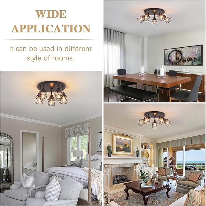 5-Lights Kitchen Light Fixtures Ceiling Mount, Adjustable Multi-Directional Black Flush Mount Ceiling Light, Retro Metal Cage Farmhouse Close to Ceiling Light Fixture for Hallway Dining Room Entryway