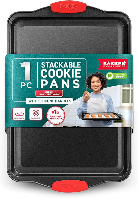 BAKKEN Kitchen Baking Pans - 15.15 x 10.03" Medium Nonstick Sheet, Durable Carbon Steel Cookie Sheet with Red Silicone Handles, PFOA, PFOS, PTFE Free, Oven Safe Tray (Up To 450°F), Set of 1