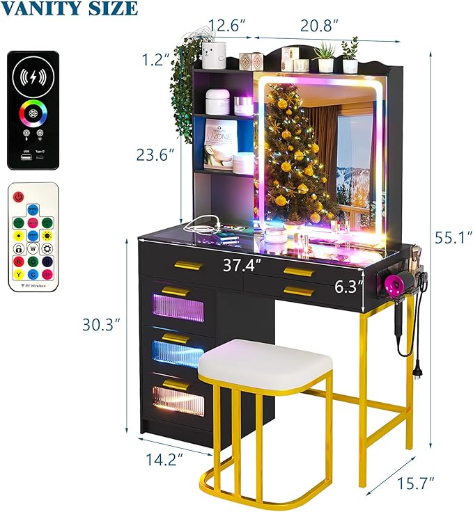 RGB Vanity Desk with Sliding Mirror and Lights, LED Makeup Vanity with Charging Station, Glass Top Dressing Table Set with Jewelry Organizer,6 Drawers,Stool,Shelves for Bedroom (Black)