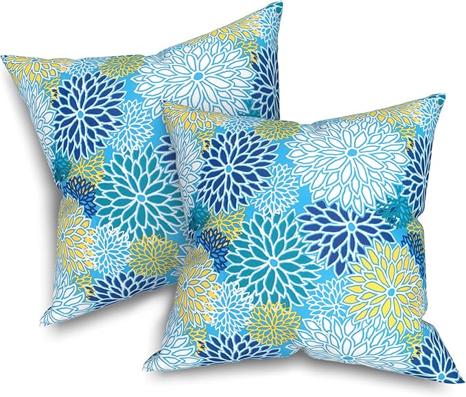 Outdoor Throw Pillows 16x16 Inch, Water Repellent Patio Pillows with Inners Set of 2, Outdoor Pillows for Patio Furniture Home Garden, Dahlia Blue