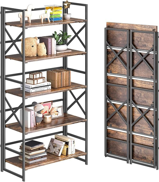 4NM 5 Tiers No Assembly Book Shelves, 51.2" H Folding Bookshelf Bookcase Open Industrial Foldable Shelves for Bedroom, Living Room, Home Office - Rustic Brown Black