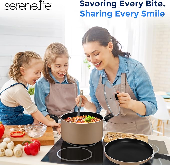 11-Piece Nonstick Kitchen Cookware Set - PTFE/PFOA/PFOS Free Heat Resistant Lacquer Kitchen Ware Pots Pan Set w/Bakelite Handles, Saucepan, Frying Pans, See-through Lid - SereneLife SLCW11GLD (Gold)