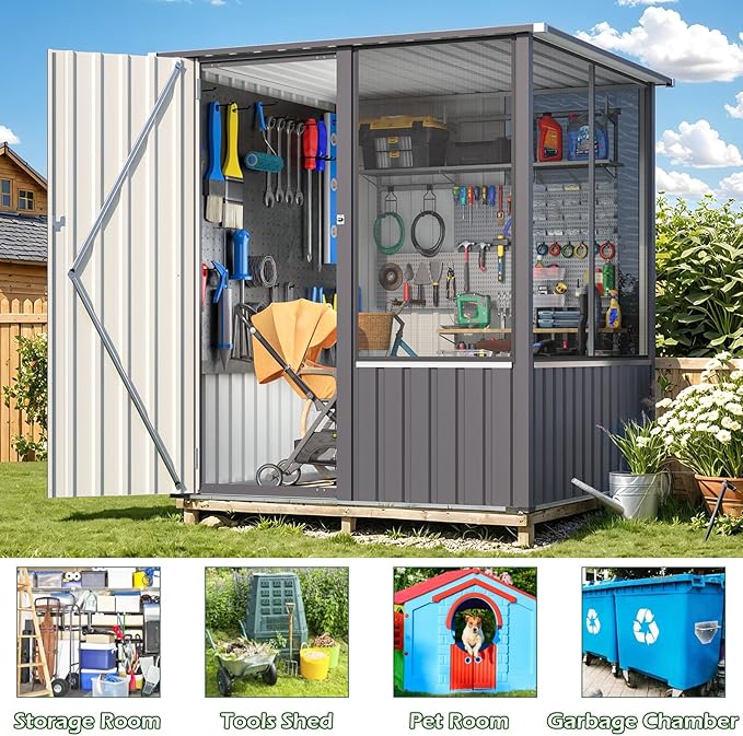 AECOJOY 5x5 FT Storage Shed, Metal Sheds & Outdoor Storage Clearance with Lockable Doors and Ventilated Mesh, Utility Garden Tool Shed for Backyard, Patio, Poolside