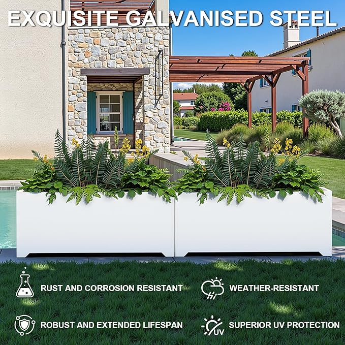 Metal Planter Box 36"L x 15"W x 15"H, Large Outdoor Rectangle Planters with 6 Drainage Holes & Raised Bottom, All-Weather Garden Planter Box for Patio, Lawn, Commercial & Residential, White