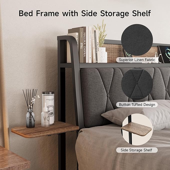 Queen Bed Frame with Side Storage Shelf, Ergonomic Upholstered Headboard with Charging Station, Queen Size Platform Bed Frame, Metal Slats Support, No Box Spring Needed, Easy Assembly, Black