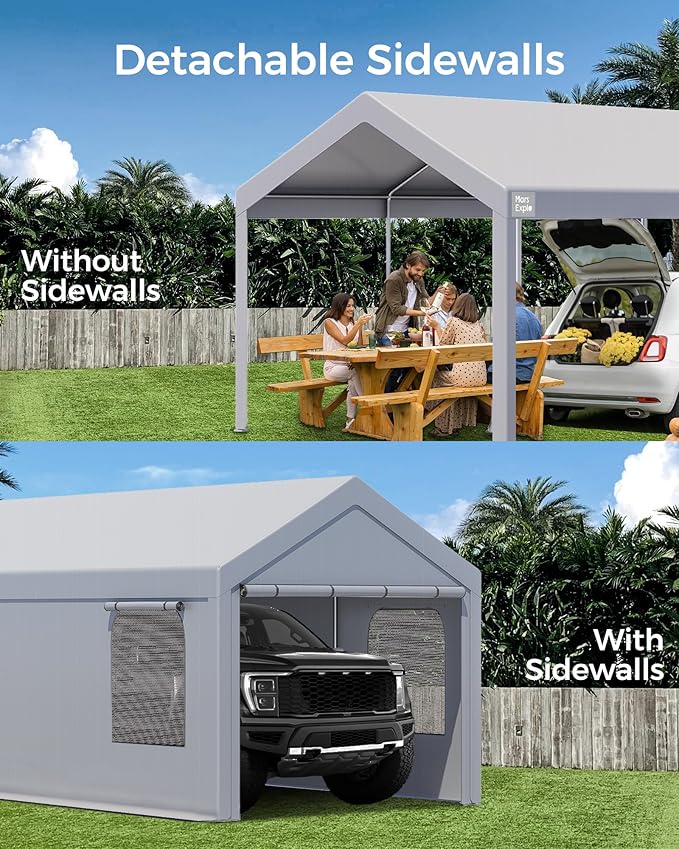 Carport, 12 x 20 FT Portable Garage Heavy Duty, Carport Canopy with Side-Opening Door & Roll-Up Windows, Car Canopy Reinforced with Extended Skirt and All Season Tarp for Car, Truck, Boat（Light Gray）