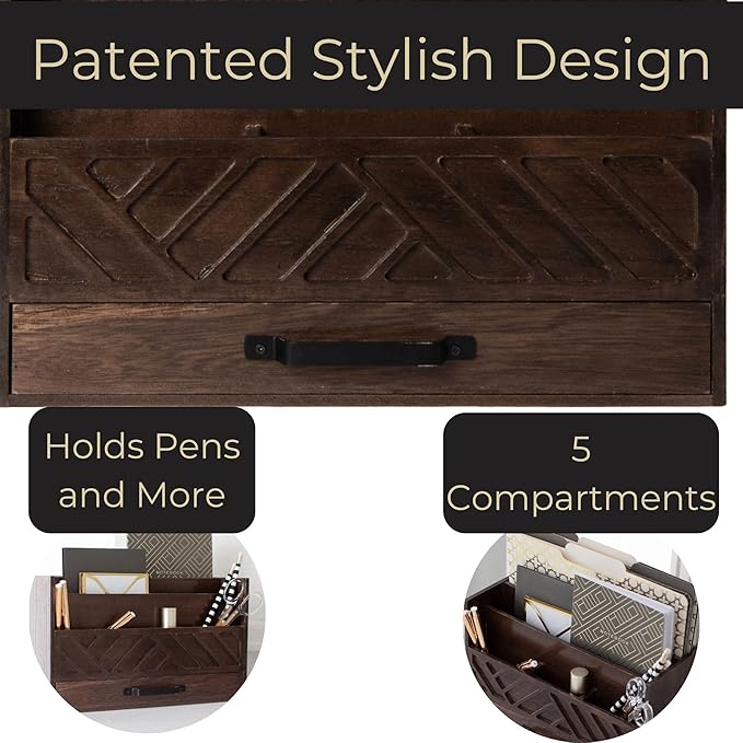 BLU MONACO Mail Organizer for Desk – Brown Wooden Mail Sorter with Drawer and 6 Compartments – Rustic Letter Organizer with Black Handle – Desktop File Holder for Home Office, Entryway, or Kitchen