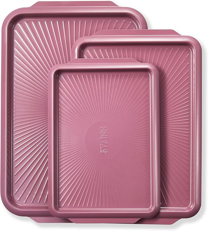 SYAINN Non-stick Ceramic Baking Sheet Set, 3 Pieces- Aluminum Steel Cookie Sheets for Baking-Includes Half/Quarter/Jelly Roll Pans-Warp Resistant, Toxic, PTFE & PFOA Free-Red