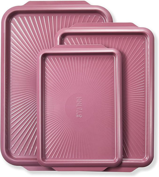 SYAINN Non-stick Ceramic Baking Sheet Set, 3 Pieces- Aluminum Steel Cookie Sheets for Baking-Includes Half/Quarter/Jelly Roll Pans-Warp Resistant, Toxic, PTFE & PFOA Free-Red