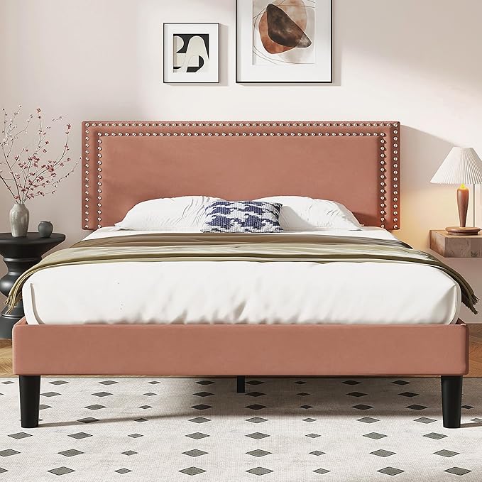 VECELO Queen Size Bed Frame with Adjustable Upholstered Headboard, Wooden Slats Platform, Noise-Free Design, Easy Assembly