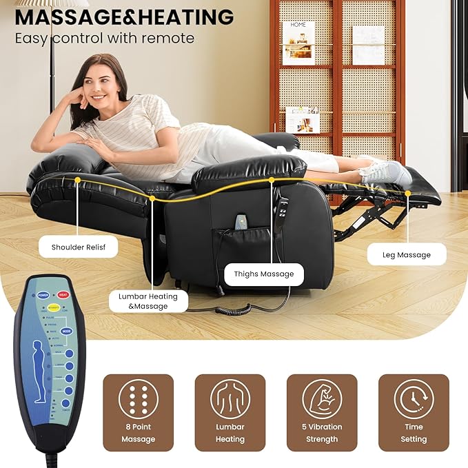 TEKAMON Power Lift Recliner Chair for Elderly with Heat & Massage, Dual Motor Breathable Leather Recliner, Lay Flat Sleeping Chairs with Infinite Position, RemoteControl (Black, Extended)