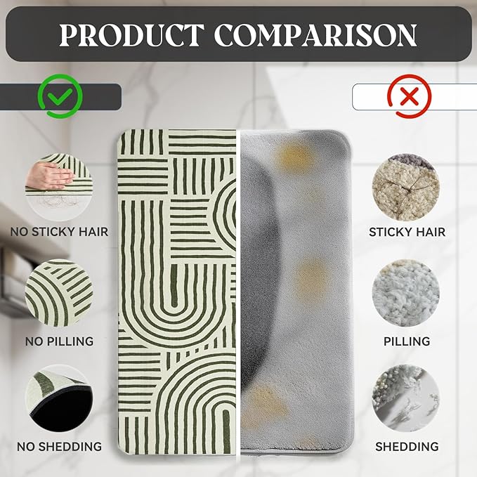 MontVoo -Bath Mat-Non Slip Thin Bathroom Rugs Fit Under Door- Quick Dry Absorbent Faux Suede Surface Grey Bathroom Floor Mats-Shower Rug for in Front of Bathtub Shower Ivory & Green Arched 17x59