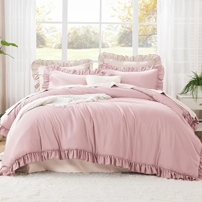 Litanika Grayish Pink Queen Comforter Set, 3 Pieces Ruffle Farmhouse Aesthetic Bedding Comforter Set, All Season Soft Lightweight Fluffy Microfiber Bed Set(90x90In Comforter, 2 Pillowcases)