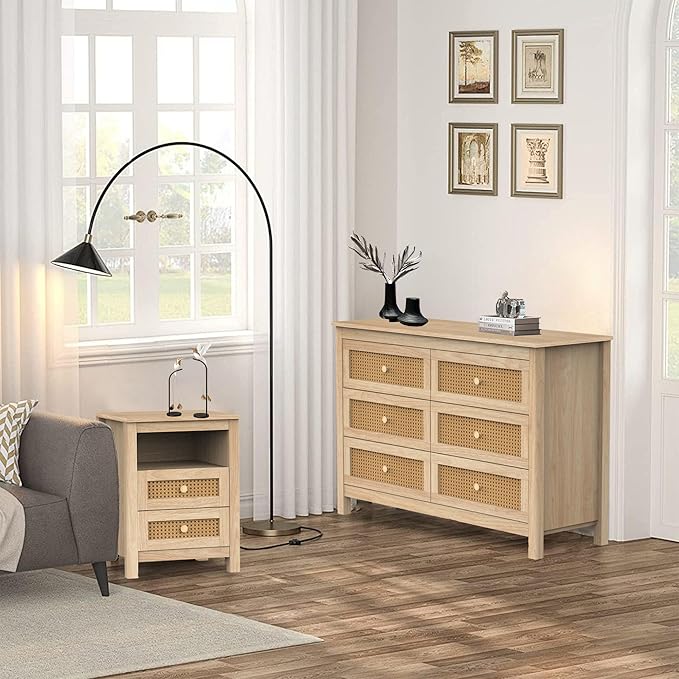 Farmhouse 6 Drawers Dresser with 2pcs Nightstands, Wood Double Dresser Chest of Drawers Wide Storage Organizer Cabinet for Bedroom, Living Room, Natural