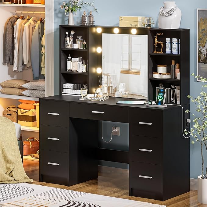 Large Vanity Desk with Mirror and 10 Lights, Makeup Vanity Table with Power Outlet, 7 Drawers and 6 Storage Shelves, Makeup Vanity Desk Dressing Table with 3 Lighting Modes for Bedroom (Black)
