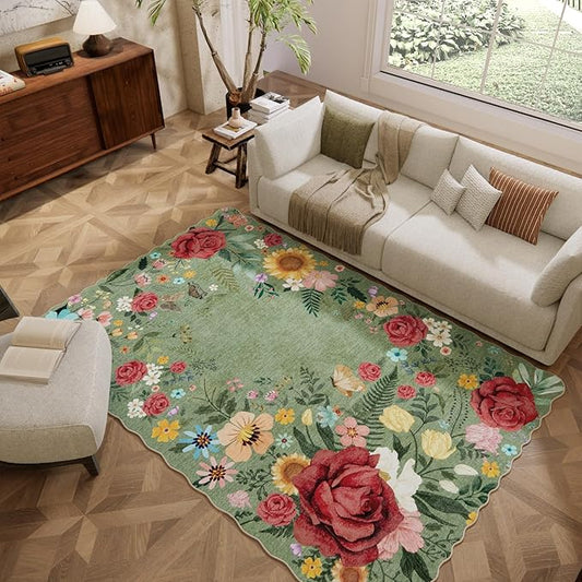 Floral Washable 6'x9' Area Rugs for Bedroom, Soft Lightweight Rug for Living Room Non Slip Dining Room Green Rug, Stain Resistant Boho Vintahe Easy Clean Throw Carpet for Office
