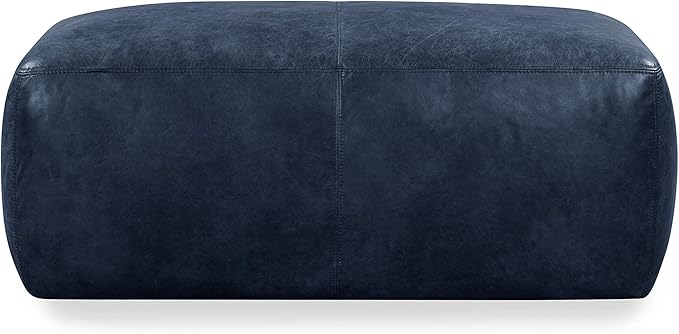 POLY & BARK Denver Rectangle Leather Ottoman in Full-Grain Semi-Aniline Italian Tanned Leather in Midnight Blue