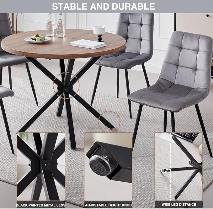 39" Round Dining Table Set for 4, Mid Century Kitchen Table with 4 Velvet Dining Chairs for Apartment Living Room Space Saving