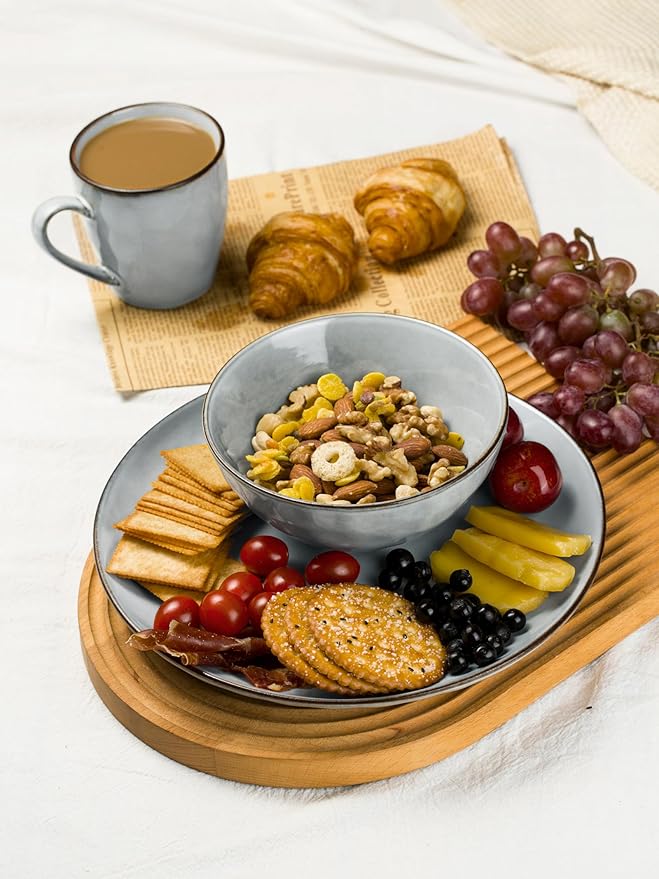 Famiware Dinnerware Sets for 4, Ocean Round 12-Piece Kitchen Plates and Bowls Sets, Reactive Glaze, Microwave and Dishwasher Safe, Scratch Resistant, Grey