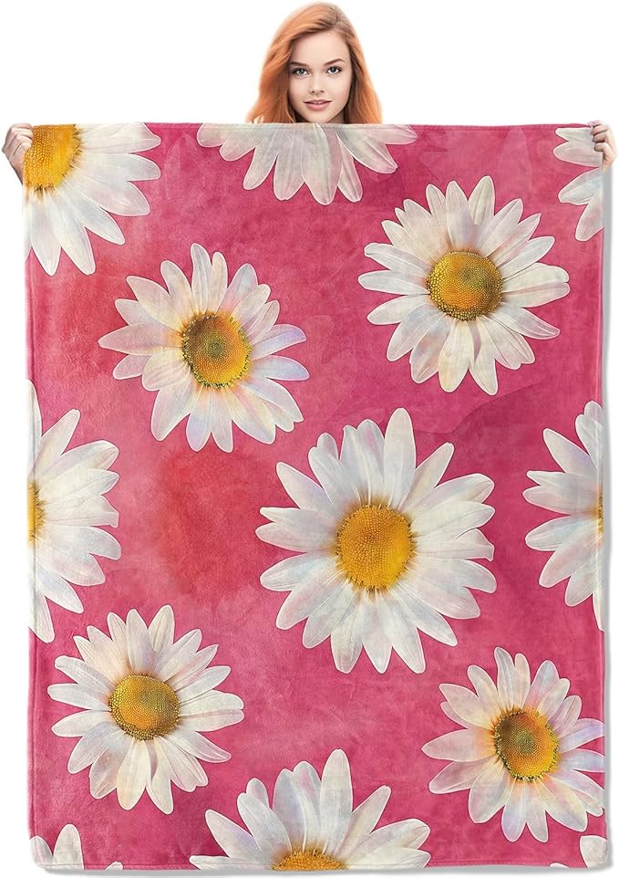 Daisy Flannel Blanket, Pink Daisy Gifts, Floral Blanket for Women, Soft Lightweight Throw Blankets for Bed Home Travel Decor 40" x 50"