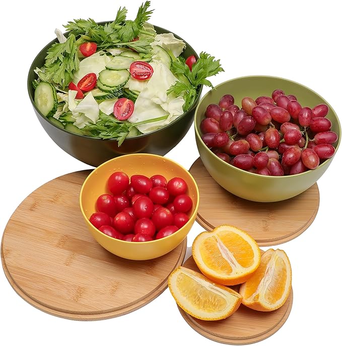 Salad Bowl Set of 3 with Bamboo Lids, Mixing Bowl Set, Nesting Bowls for Space Saving Storage, Made with Durable Eco-Friendly Bamboo Fiber, Great for Prepping and Serving Food (3 Colors)