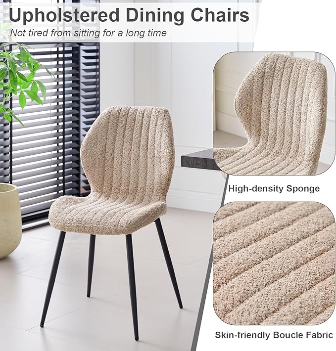 47" Round Dining Room Table Set for 4, [Fanned Base] [1.38" Thick Top] Wood Kitchen Table with 4 Boucle Dining Chairs