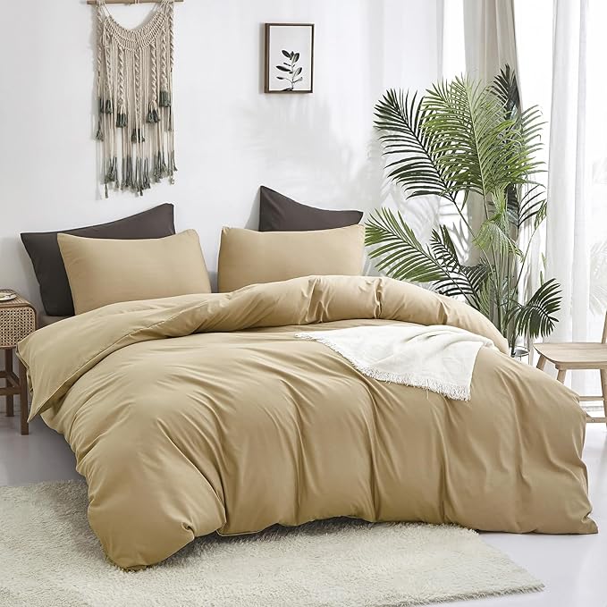Luxlovery Khaki Comforter Set Full Champagne Bedding Comforter Set Full Women Men Taupe Solid Soft Breathable Blanket Quilts Sand Color 3 Piece Comforter Bedding Set