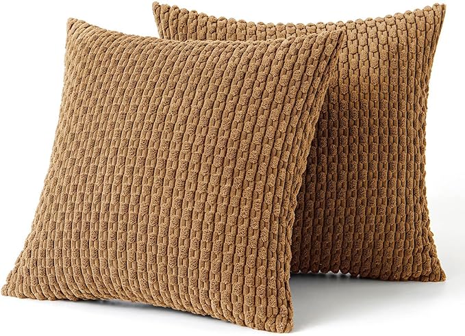MIULEE Throw Pillow Covers Soft Corduroy Decorative Eruo Sham Set of 2 Boho Striped Pillow Covers Pillowcases Farmhouse Home Decor for Couch Bed Sofa Living Room 24x24 Inch Light Coffee