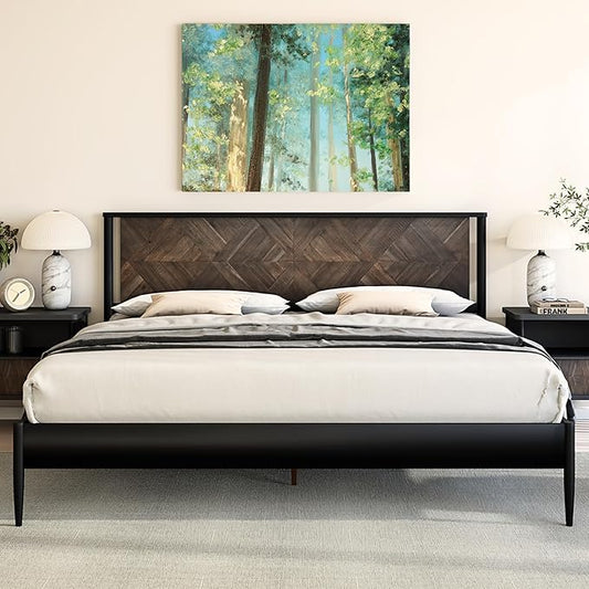 Lenia 14-Inch King Size Platform Bed Frame with Headboard – Heavy Duty Acacia Wood, Mid-Century Modern Style, 12 Strong Slats, No Box Spring Needed, Noise-Free, Easy Assembly, Mocha Black Finish