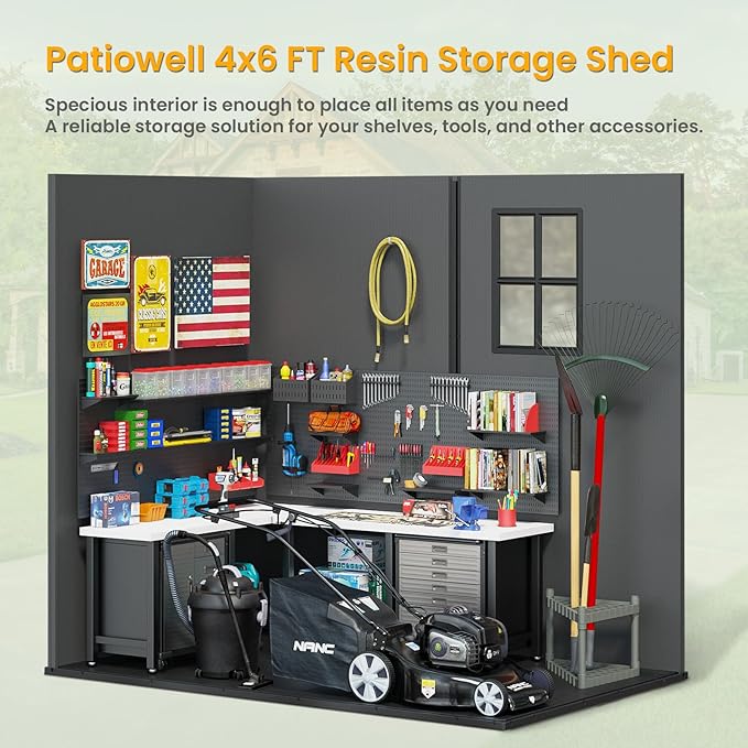 Patiowell 4' x 6' Outdoor Storage Shed with Floor, Plastic Shed Outside Resin Tool Shed with Window and Lockable Door for Backyard Garden Patio Lawn, Dark Grey (Fit-it Shed)