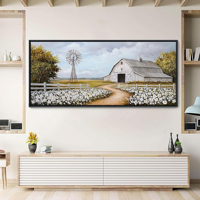 YCPRIMER Vintage Classical Farmhouse Painting Rustic Countryside Wildflower Field Nature Meadow Landscape Retro Windmill Barn Canvas Print Wilderness Artwork for Bedroom Living Room 70x31inch