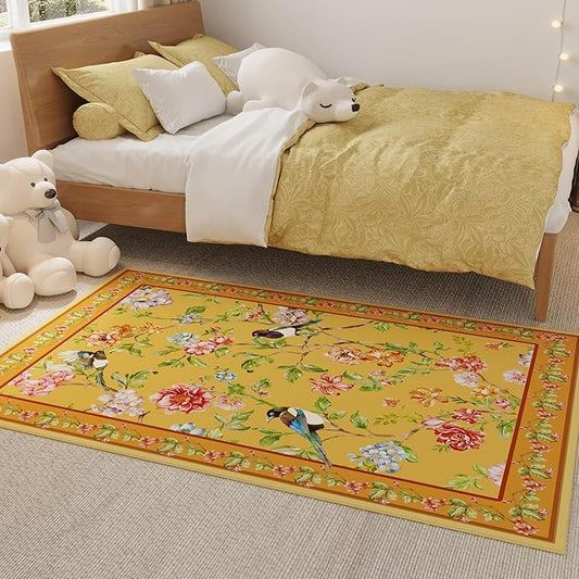 Bedroom Rug 3x5 Rug Washable Area Rug Non Slip Low Pile Floral Bird Magpies Animal Small Carpet for Bedroom, Bedside, Kitchen, Entryway, Kids Room, Office, College Dorm Essentials for Girls