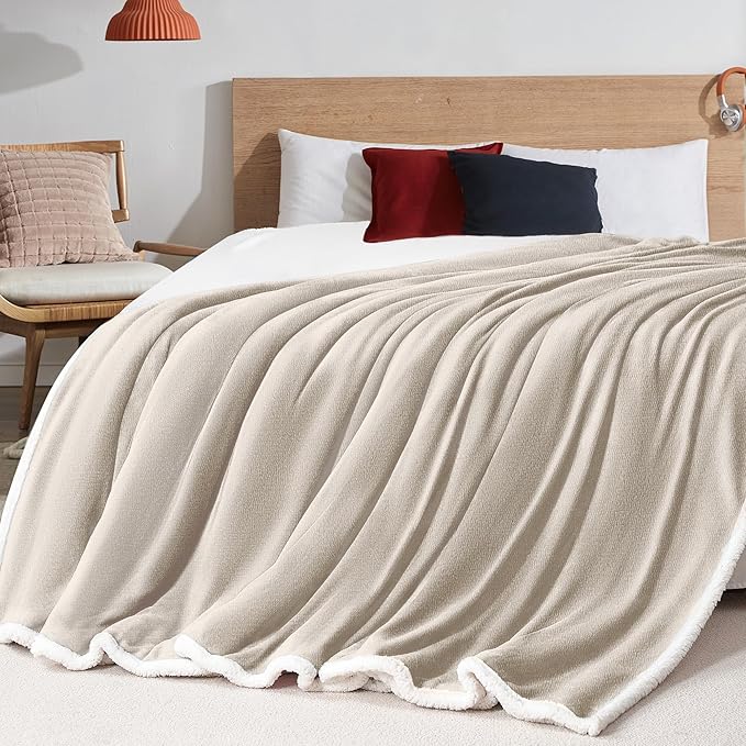 BEAUTEX Sherpa Beige Cream Fleece Throw Blankets, Soft Fluffy Flannel Plush Blanket and Throw, Fuzzy Cozy Cuddle Blankets for Couch Bed Sofa Adults (50" x 60")
