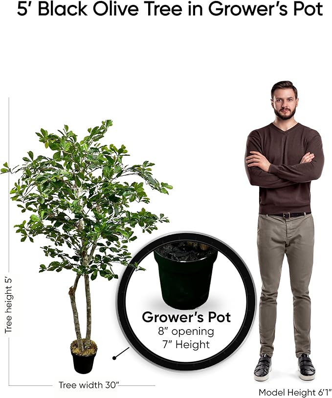 Cypress & Alabaster Handmade 5ft Italian Black Olive Leaf Artificial Tree with Ethically Sourced Real Wood Trunks, Hypoallergenic, 5-Foot, Green