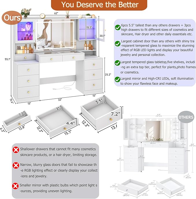 Big Vanity, Modern Wood Makeup Vanity Desk with Mirror and Sound Sync LED Lights, Large Vanity Dressing Table, 8 Drawers, 2 Glass Cabinets, with Charging Station for Girls, Women