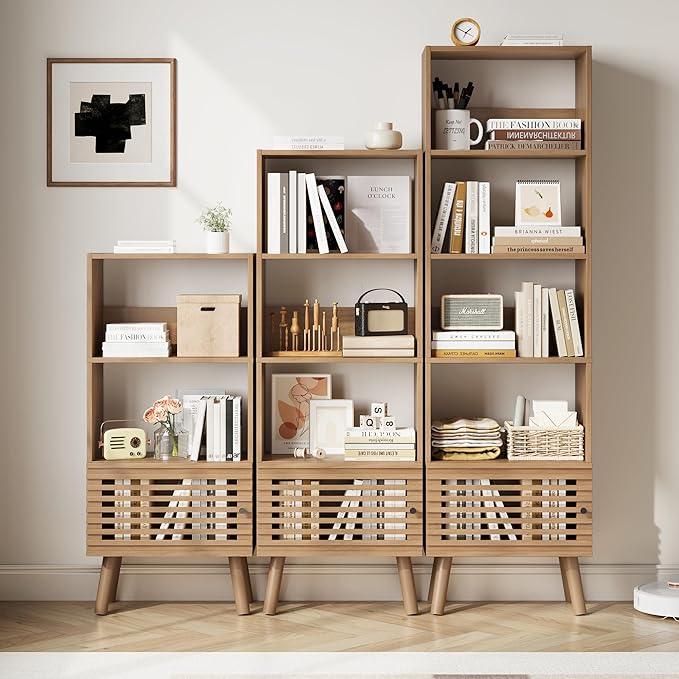 Open Shelf Cube Bookcase, 68" Tall Freestanding Bookshelf, Slatted Door Narrow Corner Bookcase with 5 Cubes, Mid-Century Modern Display Storage Cabinet for Living Room, Home Office, Oak
