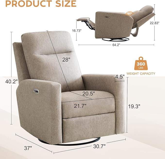 Power Nursery Rocking Chairs, 270° Oversized Swivel Rocker Recliner w/USB & Type-C Charging Port, Rotating Rocking Reclining Nursing Chair for Breastfeeding, Living Room,Bedroom,Brown