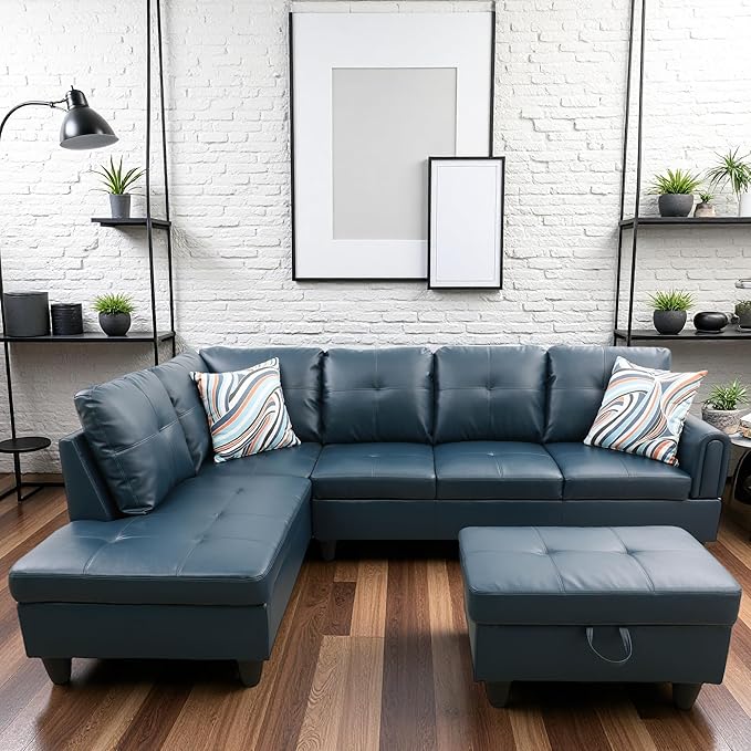 L Shaped Couch Sectional Couches with Chaise and Storage Ottoman, 3 Pieces Modular Convertible Sofa for Living Room Furniture Sets and Small Apartment Faux Leather, Grey Blue